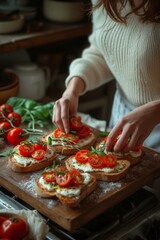 Obraz na płótnie Canvas Woman hands makes bruschetta with tomatoes