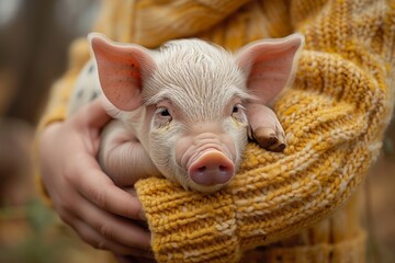 Farmer hold piglet on a rustic farm