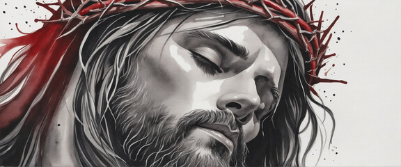 Monochrome watercolor painting of Jesus wearing a red crown of thorns with empty space for text