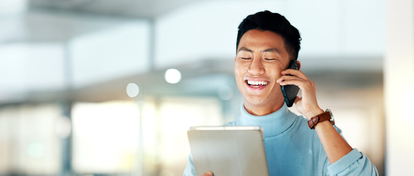 Business, phone call and Asian man with a tablet, smile and creative with connection, contact and internet. Japanese person, employee and entrepreneur with a smartphone, conversation and technology - Powered by Adobe