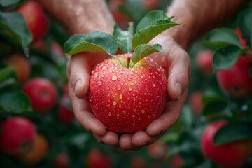 Farmer's hands holding apple in the garden