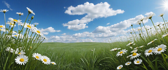 Scenic meadow with daisies under a blue sky filled with fluffy white clouds - obrazy, fototapety, plakaty
