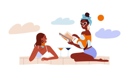 Summer time leisure concept. Two women in swimming pool. Vacation and holiday in tropical and exotic countries. Poster or banner. Cartoon flat vector illustration isolated on white background