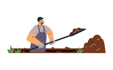 Cemetery worker dig grave with shovel. Man dripping pit in ground vector illustration