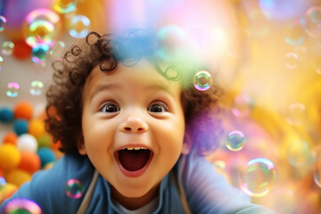 Fototapeta na wymiar Happy child playing with colored soap bubbles. Joyful moments of carefree fun and entertainment, embracing playful exploration and boundless excitement