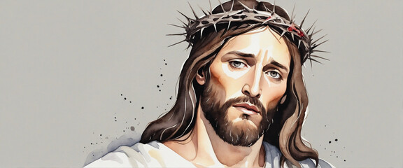Watercolor painting of Jesus wearing a crown of thorns with space for text - obrazy, fototapety, plakaty