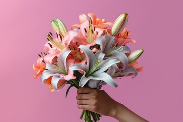 child's hand presents a lush bouquet of lilies, with hues ranging from pure white to deep coral, against a soft pink background