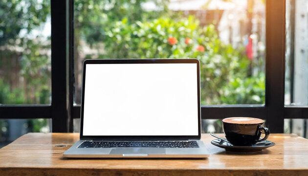 Wooden table with laptop white screen and a cup of coffee, complemented by a vibrant potted plant blurred background. High quality photo