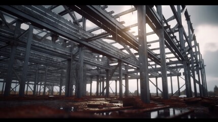 Shot of steel frame made of rsjs on a construction.Generative AI