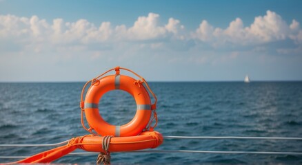 Orange lifebuoy floats on the open sea
