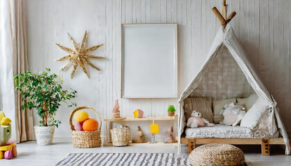 Wall mockup in child room interior. Nursery Interior in scandinavian style. 3d rendering, 3d illustration