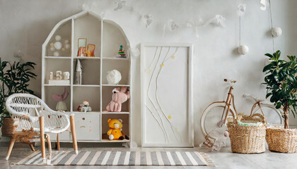 Wall mockup in child room interior. Nursery Interior in scandinavian style. 3d rendering, 3d illustration