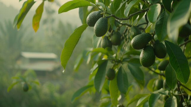 Ripe green avocados hanging on an avocado tree.