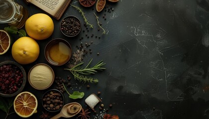 Spices and herbs on dark background. Top view with copy space