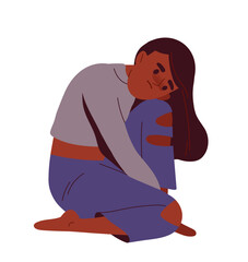 Teen suffering from psychological disease. Sad girl. Mental health and psychology. Frustration and depression. Social media sticker. Cartoon flat vector illustration isolated on white background