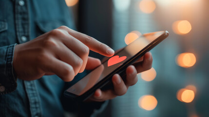 A person's hands are holding a smartphone with a glowing heart on the screen, symbolizing love and connection in the digital age against a backdrop of city lights at night.