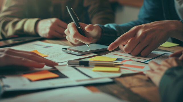 Individuals Around A Table In A Meeting, With One Person Writing On A Sticky Note, Surrounded By Papers, Charts, And Various Other Stationery Items.