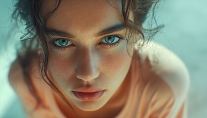 Closeup portrait of a beautiful young woman with blue eyes, direct stare - obrazy, fototapety, plakaty