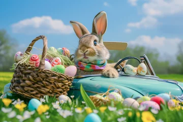 Draagtas cartoon character Easter bunny driving car and looking for Easter eggs on the meadow. © zamuruev