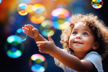 Fototapeta premium Happy child playing with colored soap bubbles. Joyful moments of carefree fun and entertainment, embracing playful exploration and boundless excitement