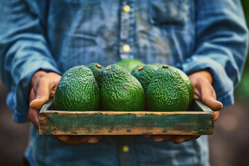 Male hands holding a wooden tray with freshly picked green avocados in the garden.
