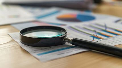magnifying glass over various types of colorful business charts and graphs on paper, suggesting data analysis or financial examination.