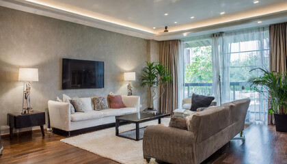 Modern Scandinavian home interior design characterized by an elegant living room featuring a comfortable sofa, mid century furniture, cozy carpet, wooden floor, white walls, and home plants