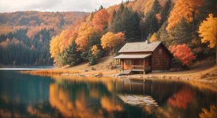 Fototapeta premium Cabin in the middle autum lake