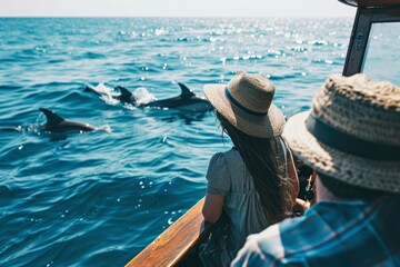 Rear view of a tourist couple watching dolphins from a boat. See dolphins from the boat