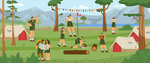 Scout children camping in the forest near the mountains, make a campfire near the tent, vector summer activities