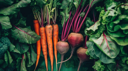 bunch of freshly harvested beets with vibrant pink stems and roots attached, positioned next to a bunch of orange carrots with green tops.