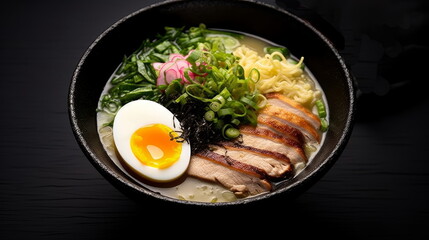 Gourmet Ramen Noodle Soup - A gourmet bowl of ramen soup with succulent chicken, fresh veggies, and a perfectly cooked egg, ideal for any meal.