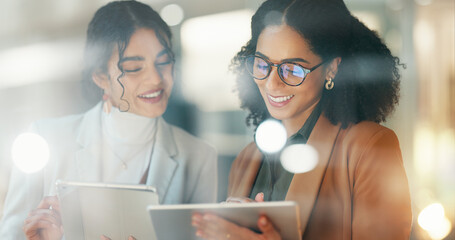 Business women, teamwork and tablet planning for human resources solution, company management and...
