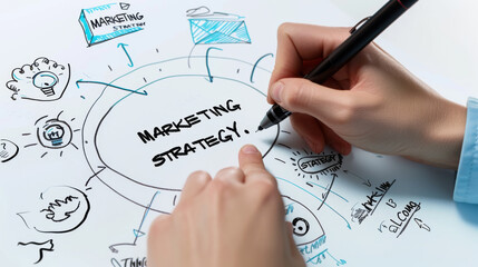 man is seen from the back looking at a wall with hand-drawn illustrations and words related to "MARKETING STRATEGY".