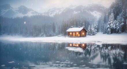 Cabin in the middle winter snow lake