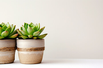 Ceramic beige flowerpot with green succulents on a white background. Copy space.