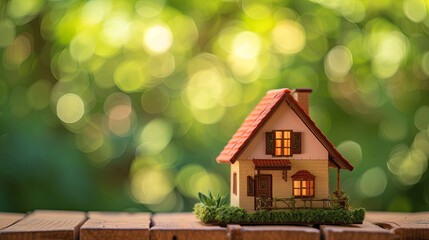 House sale concept with small 3D house on green  background with bokeh
