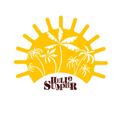 Logo sun and palm trees. Hello summer. hand drawing. Not AI. Vector illustration