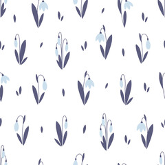 Snowdrop flowers seamless pattern. Print for textiles, wallpaper, wrapping paper. Vector illustration in flat style