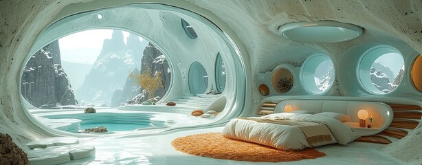 Futuristic-looking bedroom in turquoise-blue neon tones, storybook style, ultra detailed, biomorphic