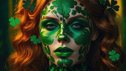 Makeup and hairstyle of a young woman in green with clover leaves for St. Patrick's Day. Close-up beauty portrait
