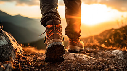 a person walking on a rocky trail at sunset