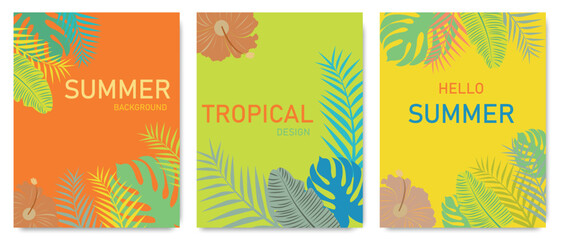 Fototapeta na wymiar Set of banners on a tropical theme. Vector illustration of colorful palm leaves and hibiscus flowers. Abstract geometric tropical design templates for posters, covers, wallpapers. Flat style.