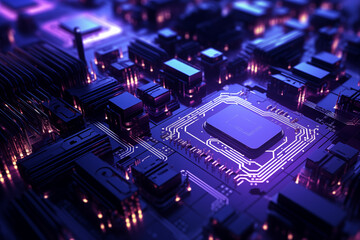 Fototapeta premium Close-up inside a computer, microchips and circuits, semiconductors. Dark purple color scheme with neon light