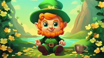 St. Patrick's, Leprechaun with gold coins in the forest background illustration