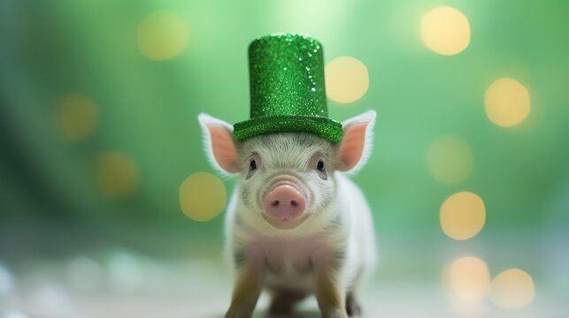 St. Patrick’s, Cute little pig in leprechaun hat on green background