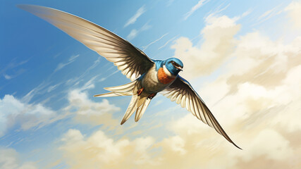 Obraz premium Swallow bird flying on blue sky background. Spring is coming concept