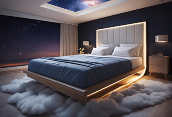 Bed with bedding levitating in the night sky with clouds, the theme of good and healthy sleep