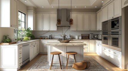 Medium sized brown color kitchen with white cabinet finish and granite countertop. Generative AI.