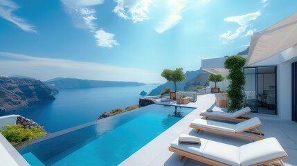 Fototapeta premium Terrace view of minimalist seaside villa, sunbeds around small pool, sea below far away, mountains and hills. Generative AI.